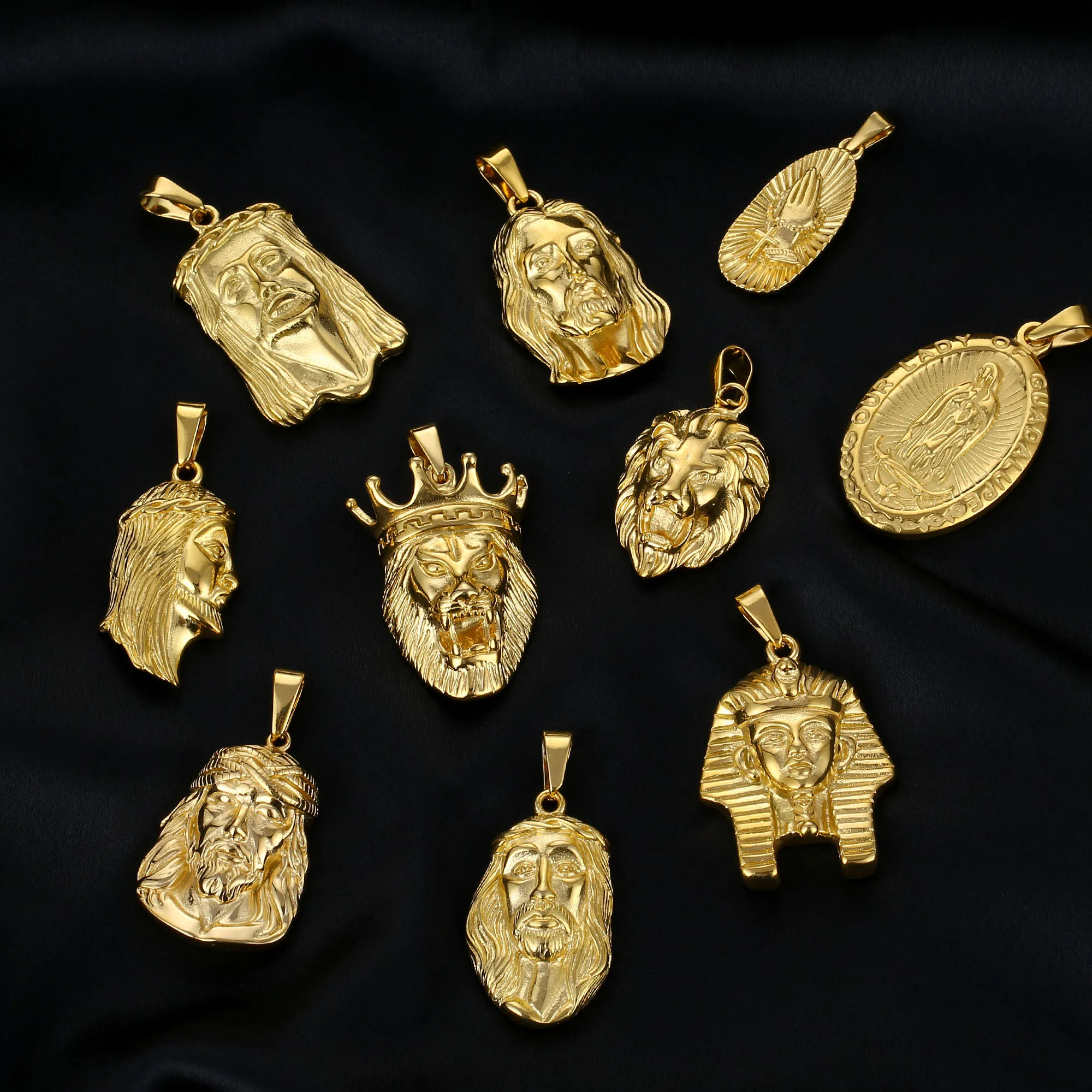 

Wholesale Religious Jesus Piece Pendant 18K Gold Stainless Steel Egypt Pharaoh Charm Punk Lion Head Necklace Jewelry