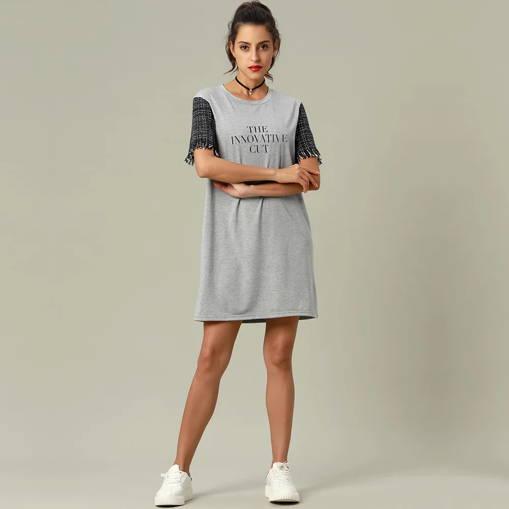 

2021 simple style fashion design summer short sleeve grey t shirt skirt dress african ladies women casual dresses wholesale, Grey, white