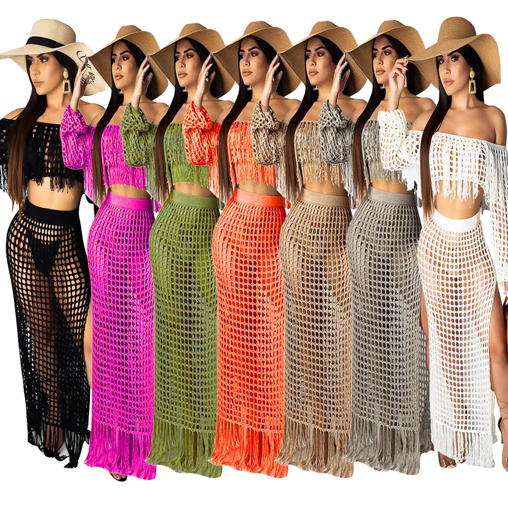 

2022 Women Summer Set Mesh See Through Two Piece Set Tube Top Tassel Dress Women Sexy Fishnet Beach Hollow Skirt 2 Piece Set