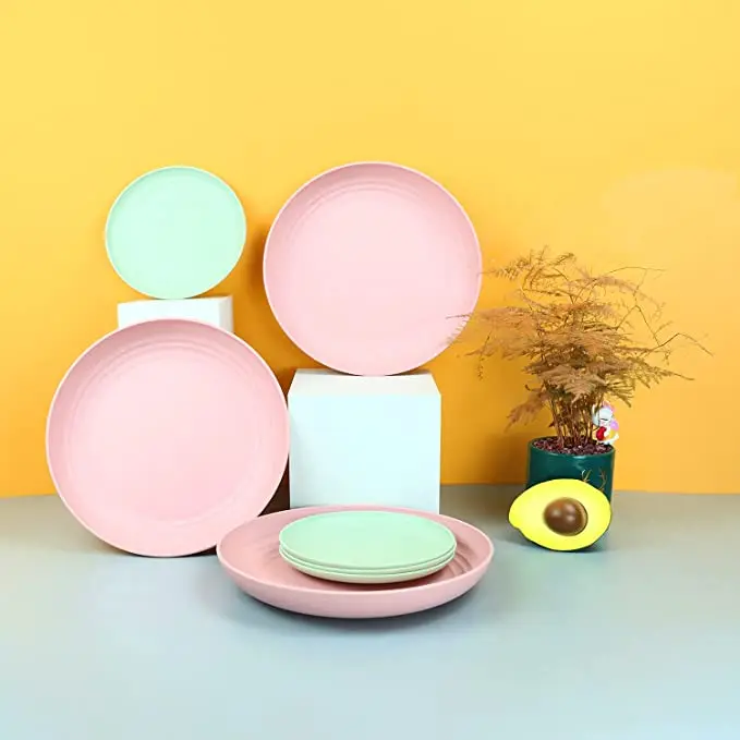 

4 PCS Wheat Straw Cookware Sets Eco Dishes Biodegradable Dinner Plates Kids Dinnerware Sets Wheat Straw Plastic Set Of Plates, Green/blue/beige/pink