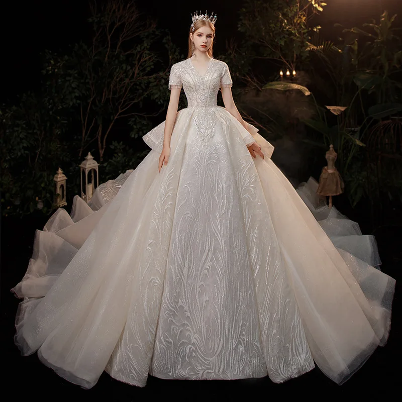 

New Arrival White Crystal Beads Sequins Luxury Beach Long Sleeve Floor Length Heavy Elegant Ball Gown Bride Wedding Dresses