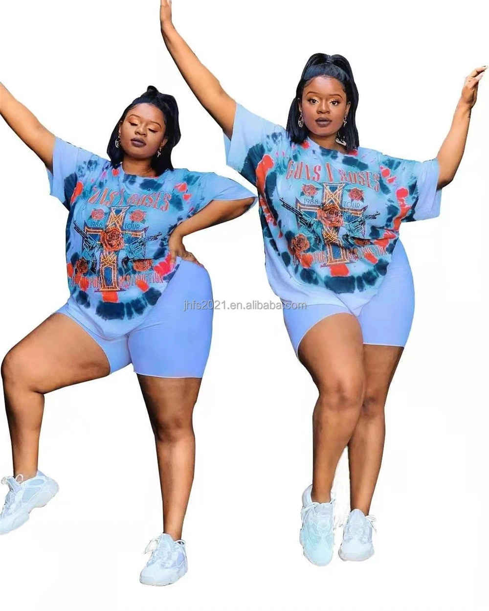 

J&H fashion large size solid color loose European and American band print top and shorts two piece set, 1 colors as picture