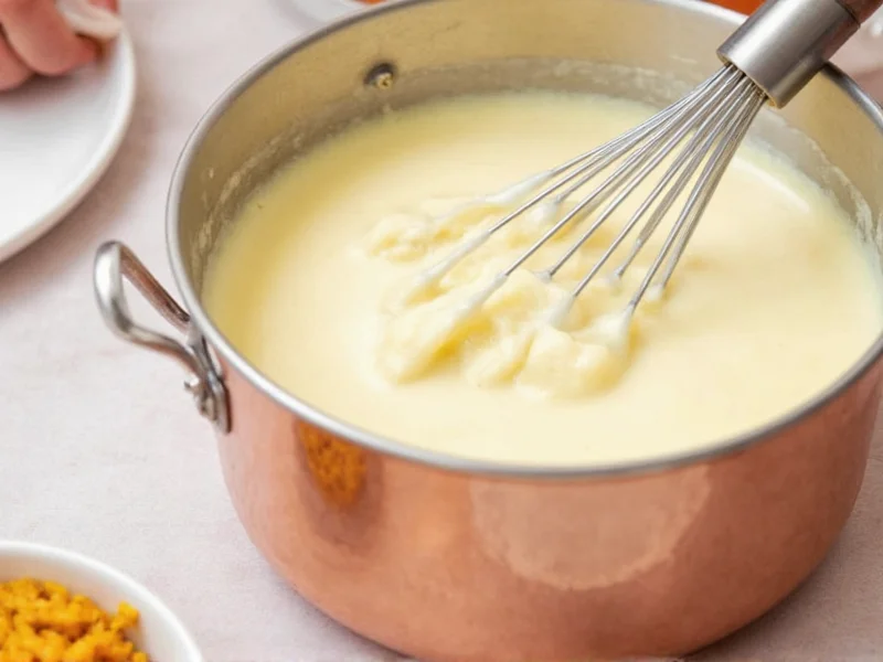 Whisking vanilla pudding mixture in copper pot