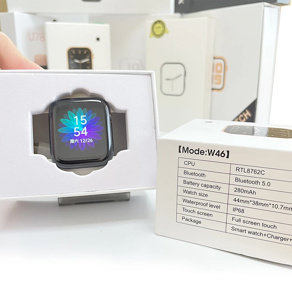 

Smart Watch Fitness Tracker Ip68 Waterproof W46 Sports 44mm Wireless Charging, Black/white