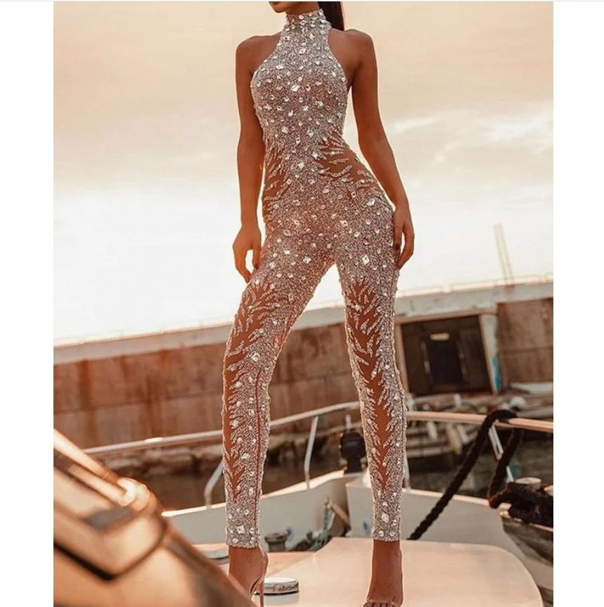 

European ladies sleeveless sexy jumpsuits elegant women Bronzing sequin jumpsuit fashion formal jumpsuit