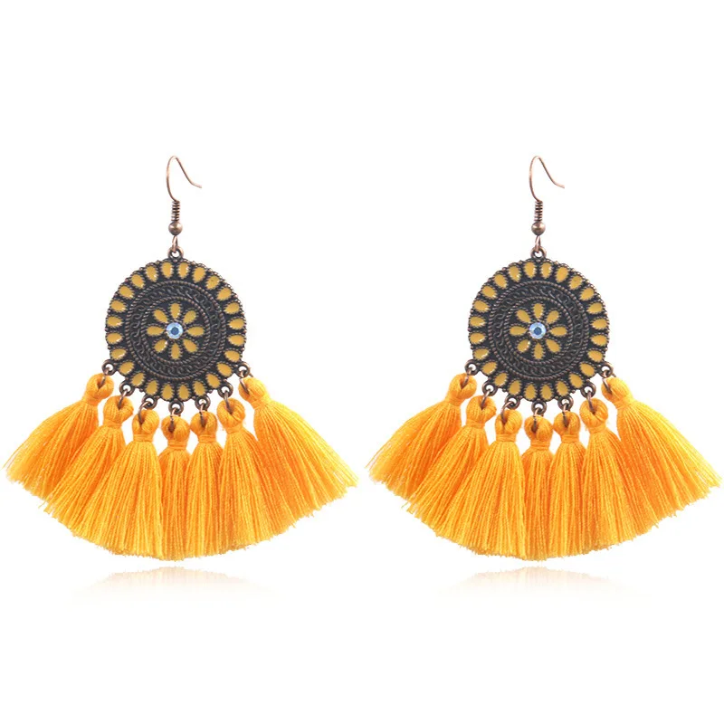 

Boho flowers enamel cotton thread tassel Earring, Customizable