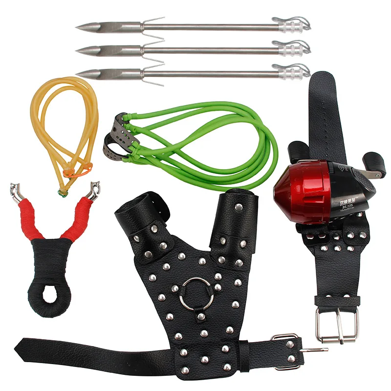 

Outdoor fishing artifact slingshot hand guard fishing reel, a full set of rubber bands and fully enclosed fish arrows