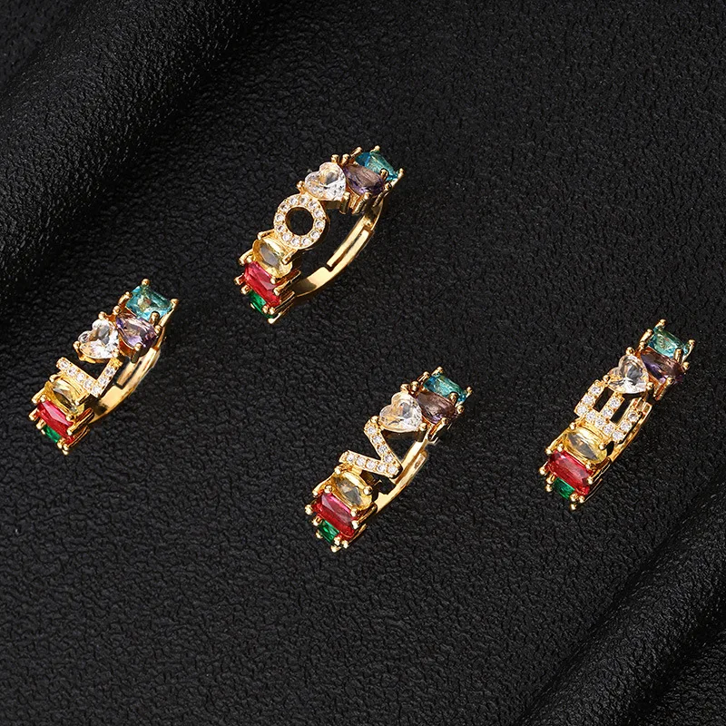 

Luxury Real Gold Plated CZ Cubic Zirconia Colorful Rhinestone Letter Rings Rainbow Crystal 26 Initial Alphabet Letter Ring