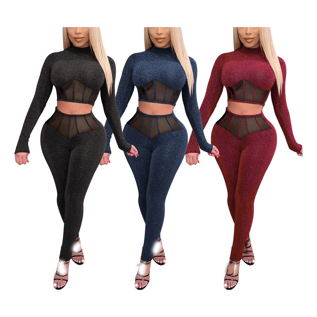 

FS3619A women gym apparel casual sexy translucent mesh trousers two piece pants set