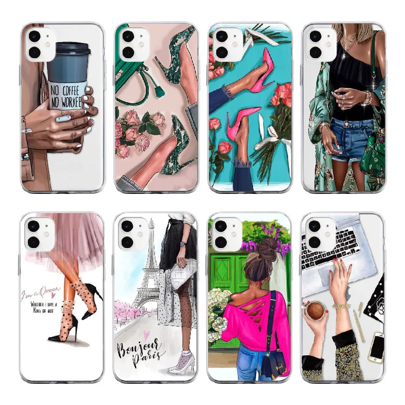 

Fashion Black Brown Hair Girl Youre A Female Boss Lady Coffee Queen Cellphone Cases For iPhone 11 Pro Max XR X XS Max XS 7 Case