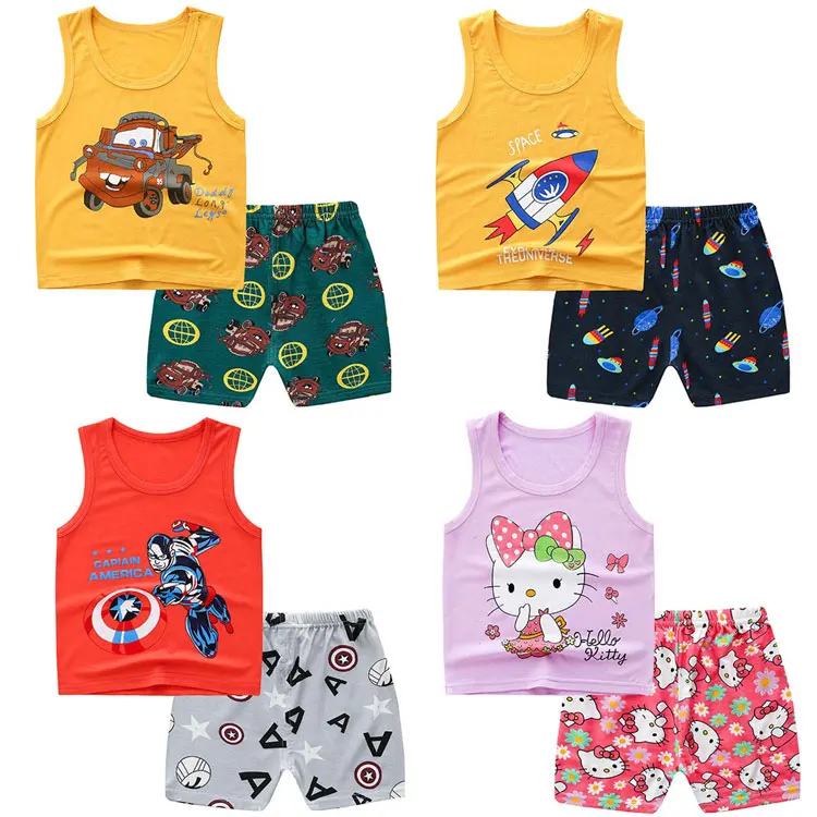 

wholesale 2 pieces summer cartoon cotton sleeveless children vest shorts suit baby clothes sets