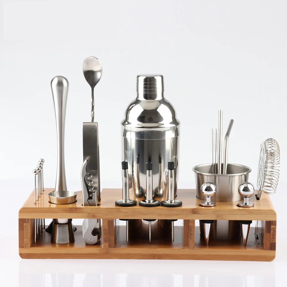 

Customized silver cocktail bar accessories 12pcs set stainless steel shaker cocktail gift barware tool set bamboo wood stand