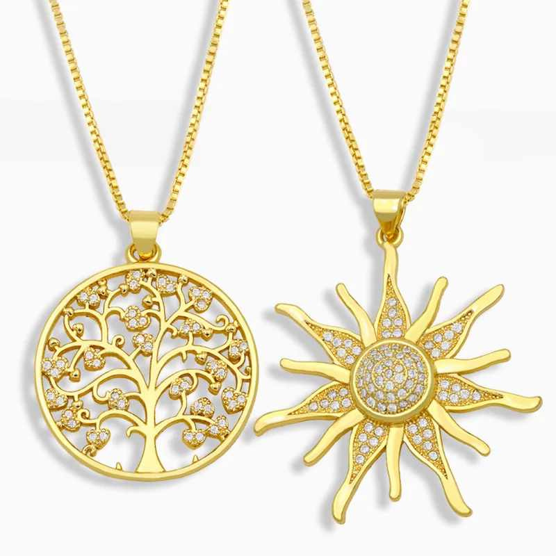 

Sailing Jewelry Wholesale Golden Religious Sun Zircon Necklace For Women White CZ Sun Tree of Life Necklace
