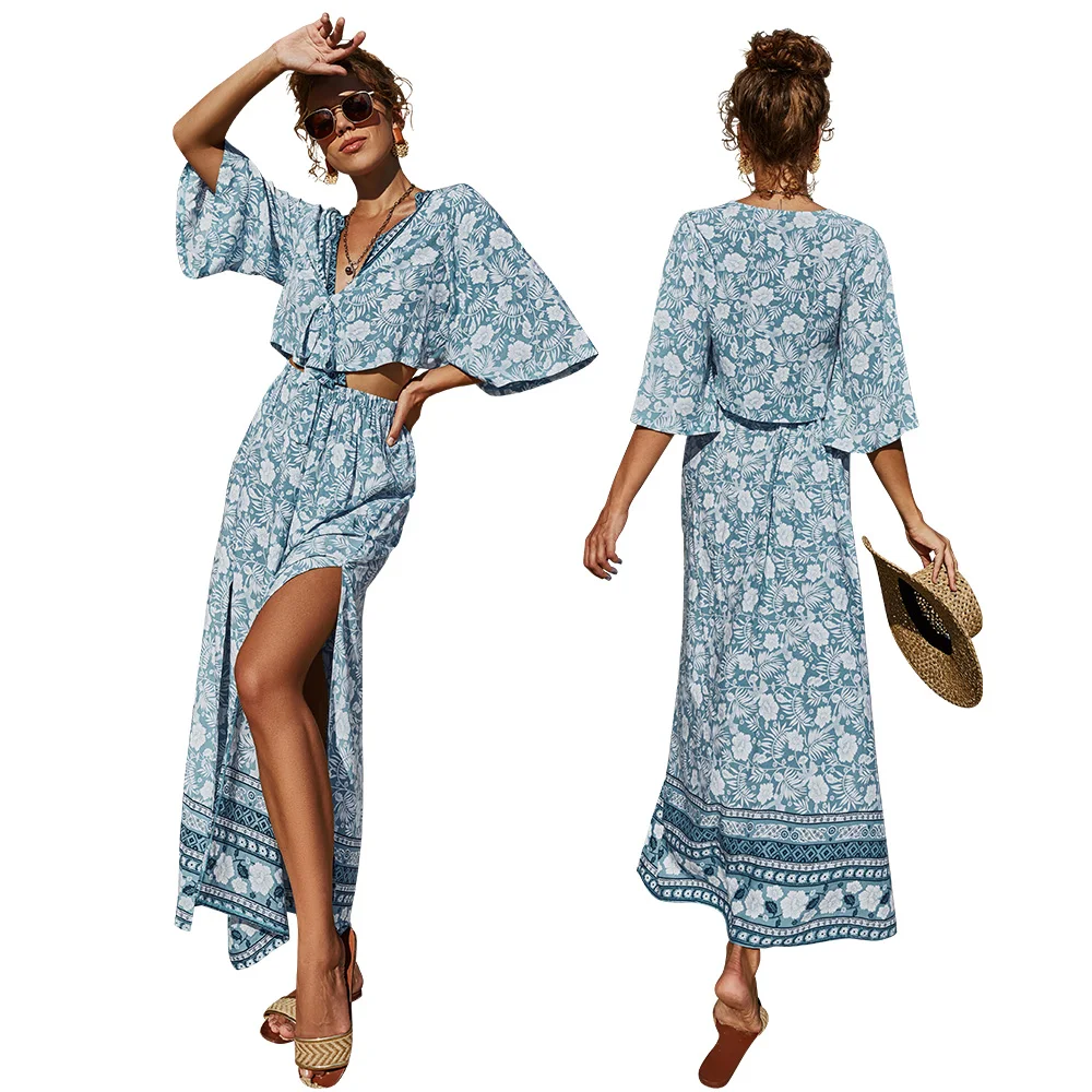 

Summer Bohemian print maxi rayon women v-neck sexy top skirt 2 piece set