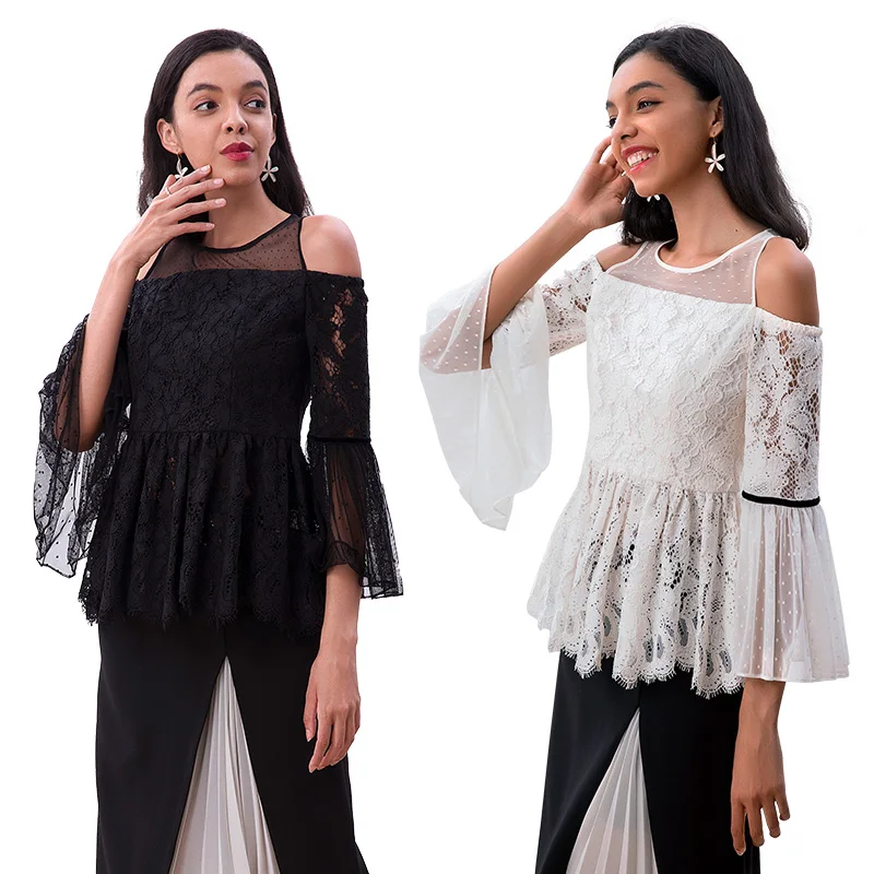 

T121 2021 hot sale womens clothing tops lace flared long sleeve shoulder transparent elegant flared hem blouses for women