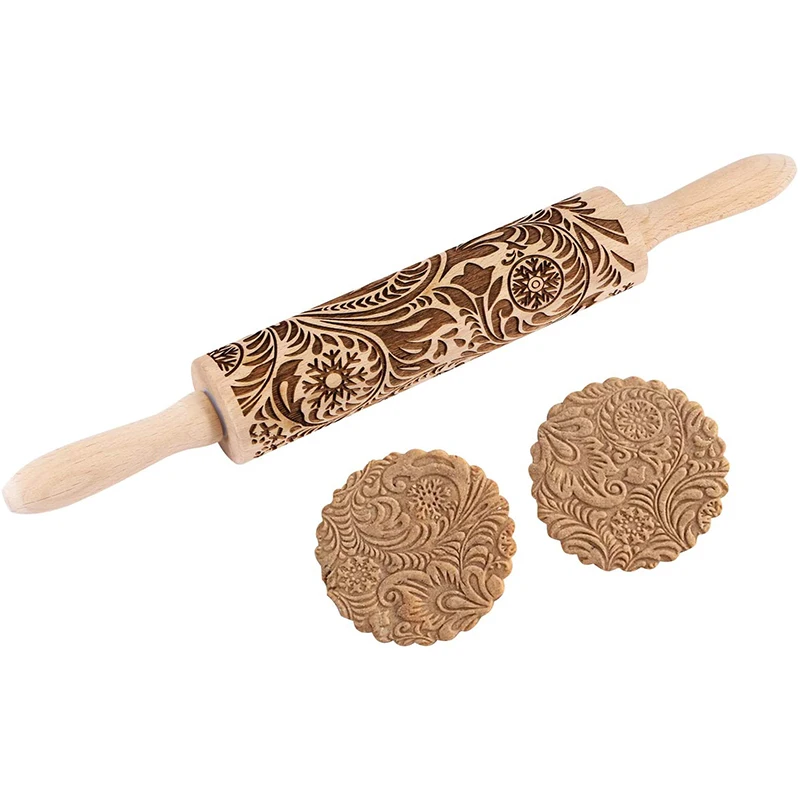 

Christmas Flower Snowflake Pattern Kitchen Baking Rolling Pin Beech Wooden Embossing Baking Cookie Rolling Pin, Natural wood color