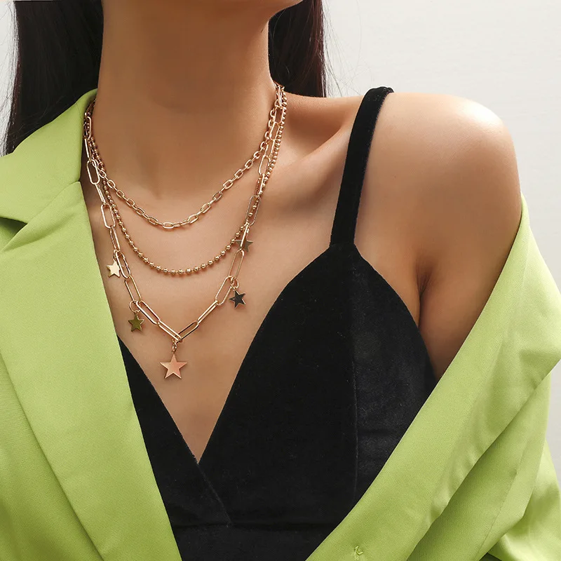 

Barlaycs 2021 New Arrival Fashion Necklace Jewelry Charm Gold Layered Star Chain Choker for Women Accessories