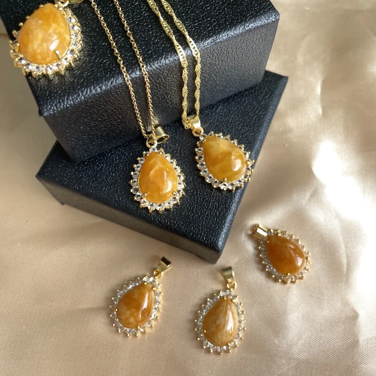

New! tear drop jade necklace women Chinese yellow stone jade water drop necklace with diamond cz charms for women