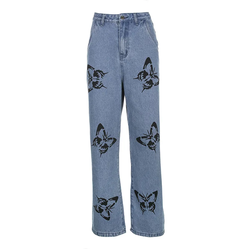 

Loose High-waisted Butterfly Printed Straight Ladies Jeans Pants, As photo