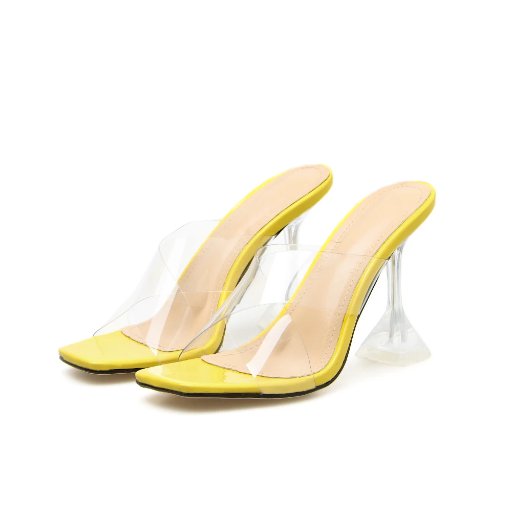 

Crystal thick heel women's outdoor slippers large 42 peep toe Clear high heels PVC Gold wedding lady shoes Green