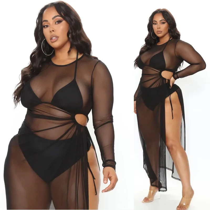 

Wholesale Large women's gauze dress long sleeves sexy overlay plus size black dress, Leopard