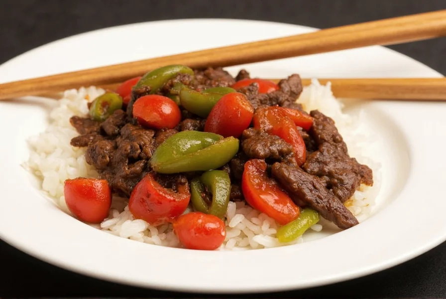 Finished slow cooker pepper steak served over steamed rice with chopsticks