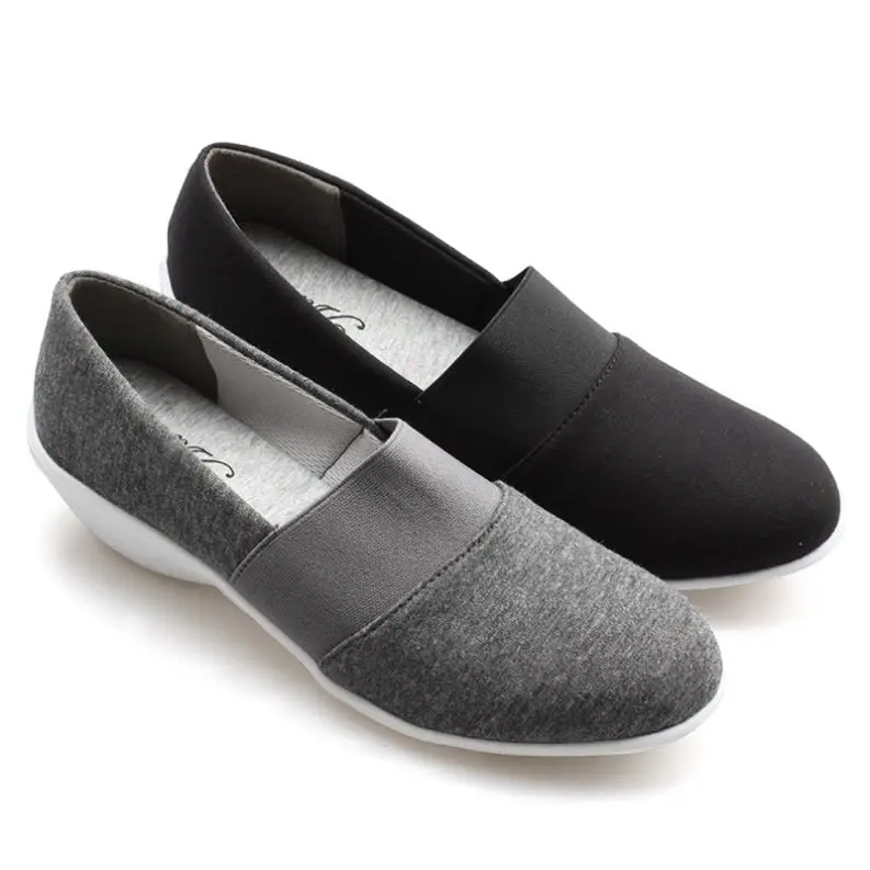 

The popular soft mother fabric low wedge white TPR outsole elastic round toe grey indoor flat shoes, Black/grey