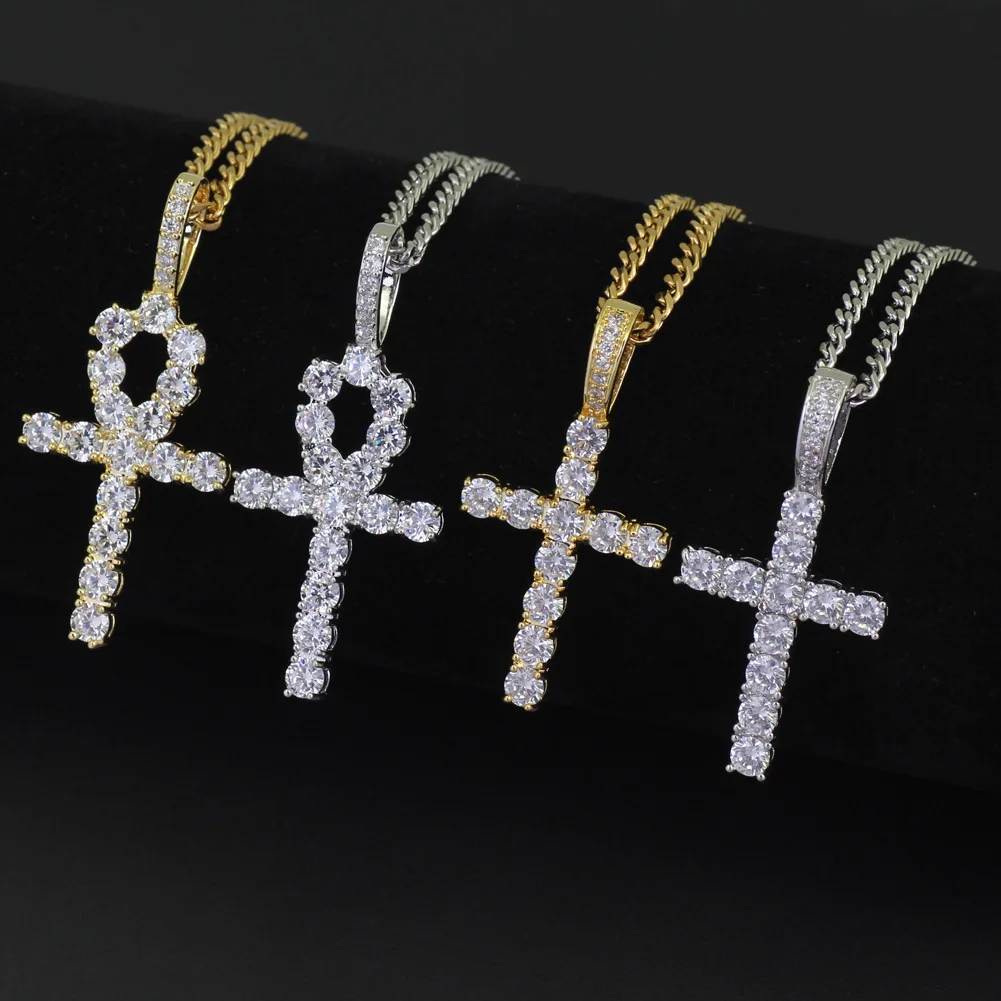 

New Iced out Zircon Baguette Cross Pendant Chain Men's Hip hop Jewelry Gold Silver Color CZ Pendant Necklace Bling Cross Charms, Pink gold sliver