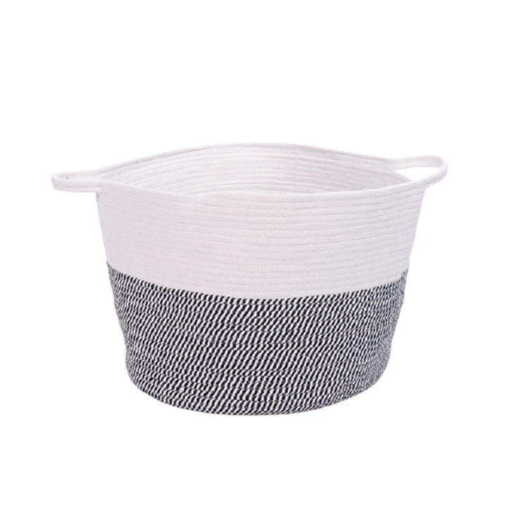

100% Cotton Woven Rope Basket with Handle Double Color Collapsible Laundry Basket Storage Bag Organizer Handmade Home Decoration