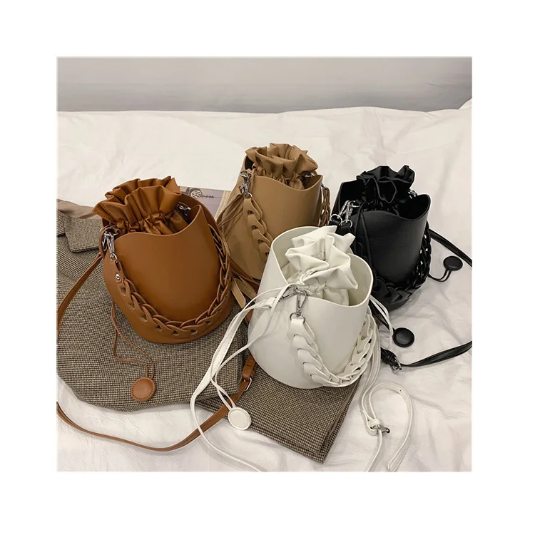 

Wild Simple Solid Color Bucket Bag Weave Pattern Handle Women Handbags High Quality Retro Female Crossbody Bags Drawsring Pack