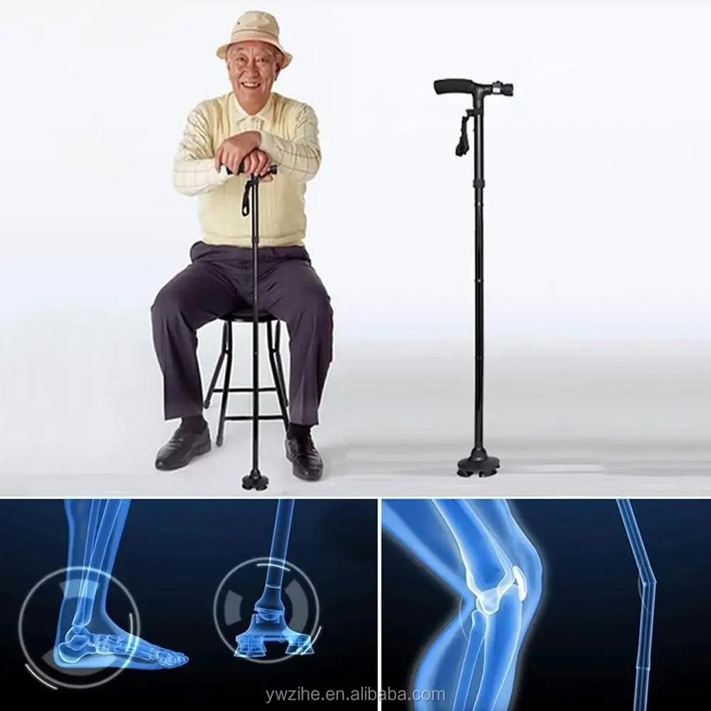 Safety Folding Crutch For Elderly Stability Cane Walking Stick With Led