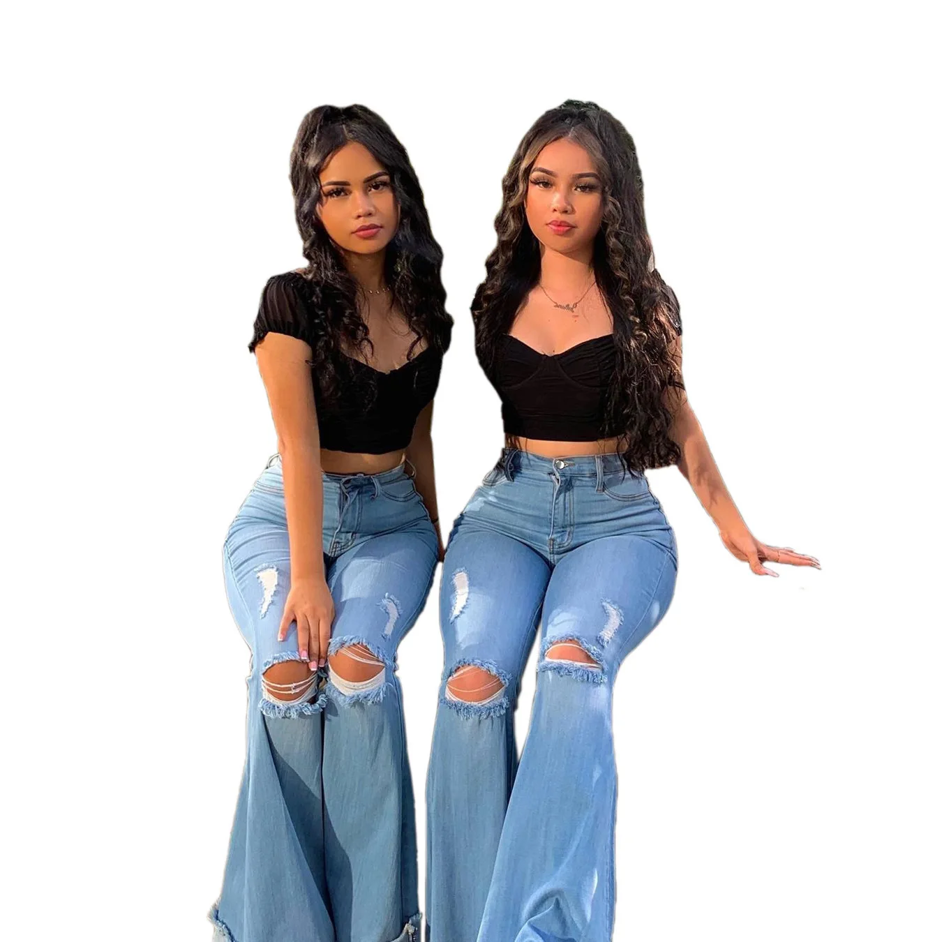 

2021 women's fashion plus size light blue washed thin knee ripped flared pants and fringed denim jeans, Customized color