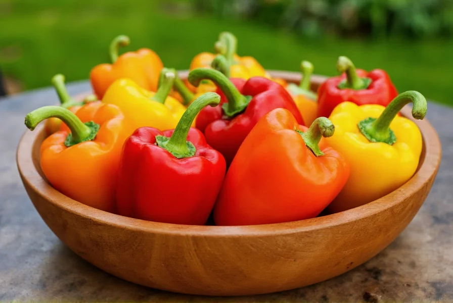 Close-up view of various colored mini bell peppers arranged in a wooden bowl on a garden table