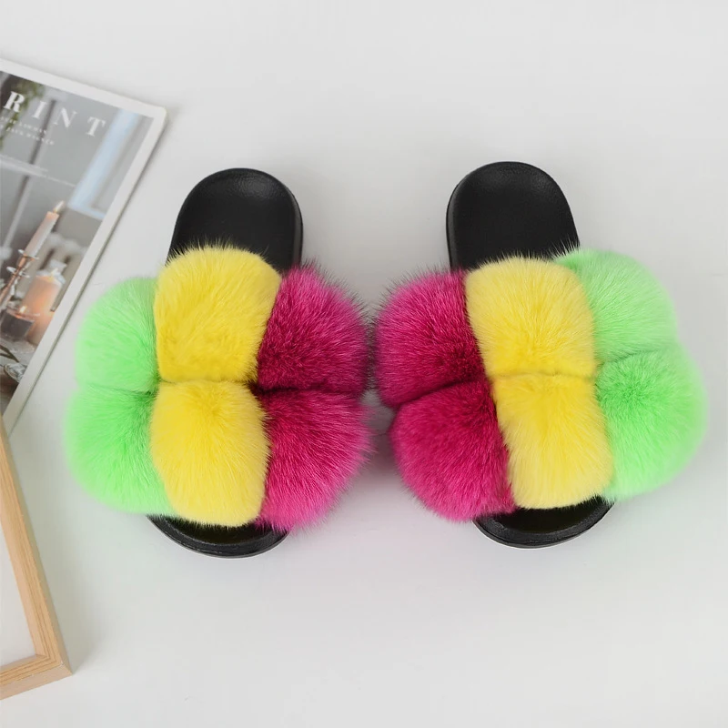 

Hairball home indoor colorful mixed real fox fur fluffy slippers for women