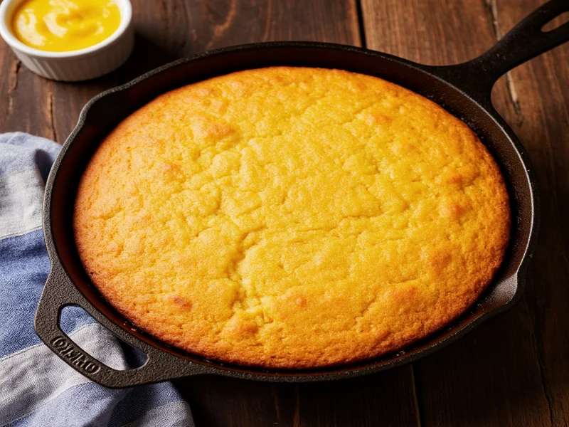 Cast iron skillet with golden cornbread crust