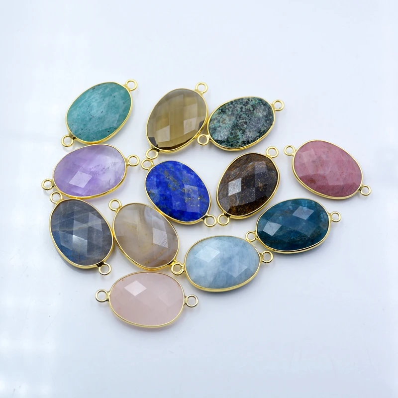 

Gold Plated Bezel Oval Egg Natural Labradorite Quartz Lapis lazuli Amazonite Aquamarine Faceted Connectors Gemstone Charm, Multi natural pendant