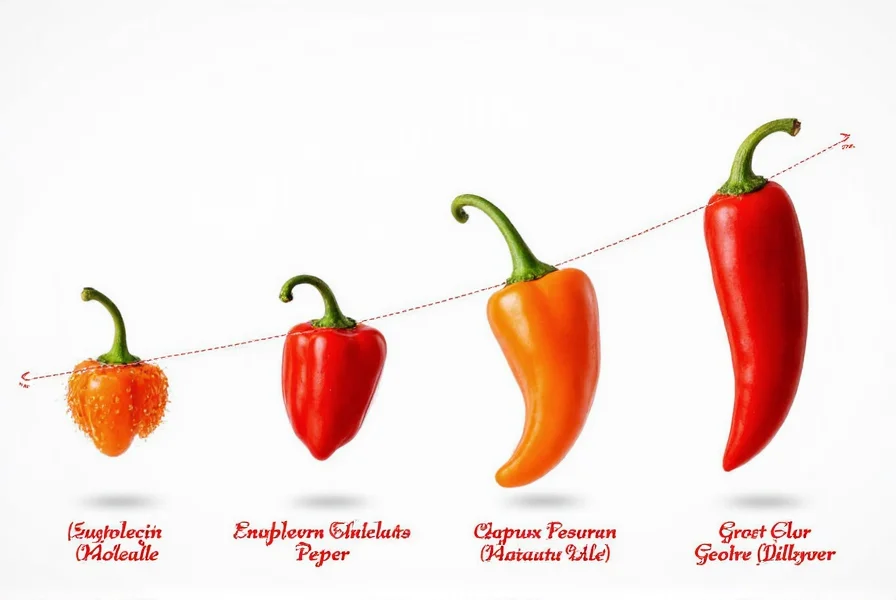 Scientific illustration showing capsaicin molecule structure and Scoville scale progression from bell pepper to ghost pepper
