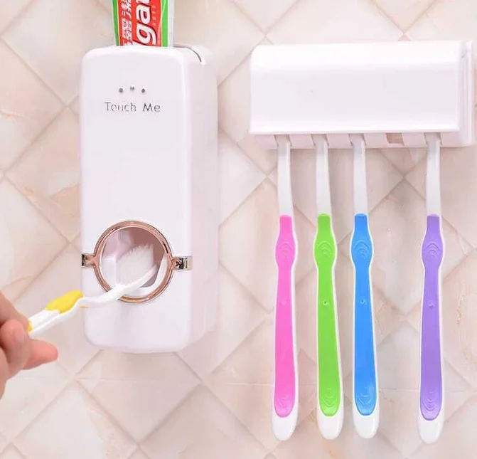 

Plastic Toothbrush Holder Automatic Toothpaste Dispenser Set Dustproof With Super Sticky Suction Pad Wall Mounted