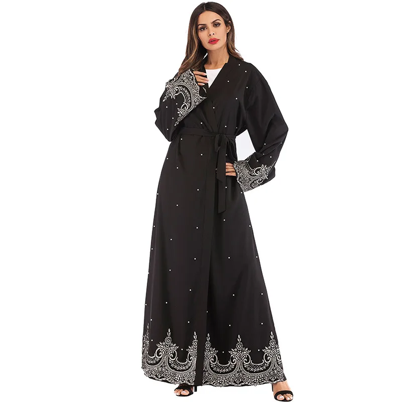 

Long sleeve embroidered bead robe women open abaya long arabic cardigan, Black,purple