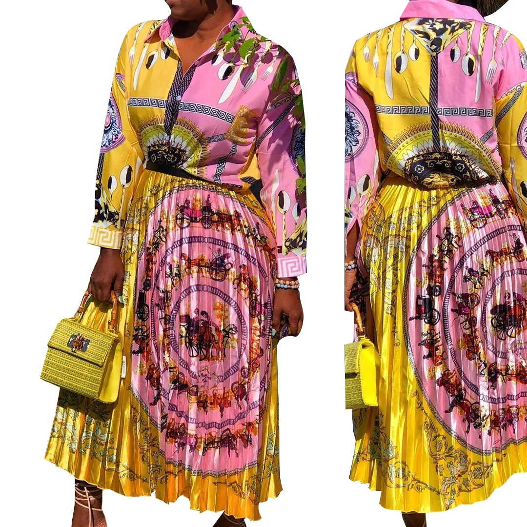 Factory direct sales fashion colorful casual floral print patchwork pleated long half dress for ladies FM-J1815