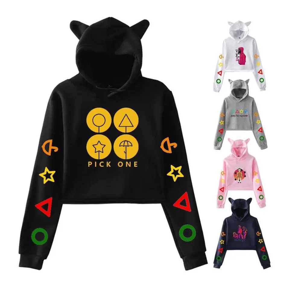 

Cr404 women long sleeve casual hooded sweatshirts pullover crop tops shirts cute cat ear squid game hoodies