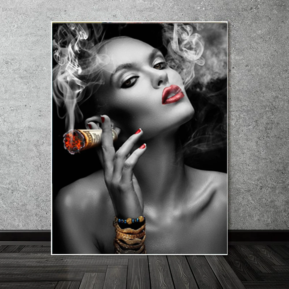 Sexy Girl Poster - Modern Wall Art with Red Lips & Smoke
