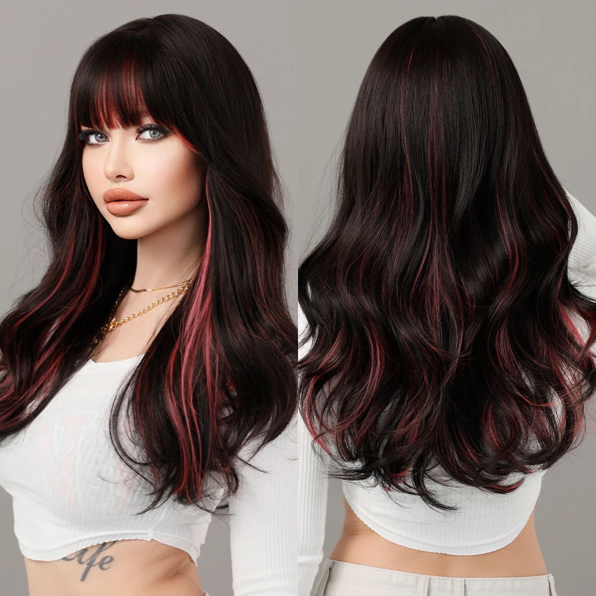 Skunk Stripe Body Wave Long Wavy Synthetic Hair Wig for Women Highlight Synthetic Wig with Bangs Natural Looking Realistic Wig