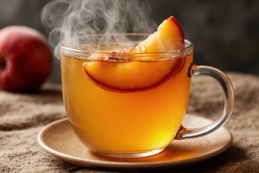 Steaming cup of freshly brewed peach ginger tea with peach slice garnish