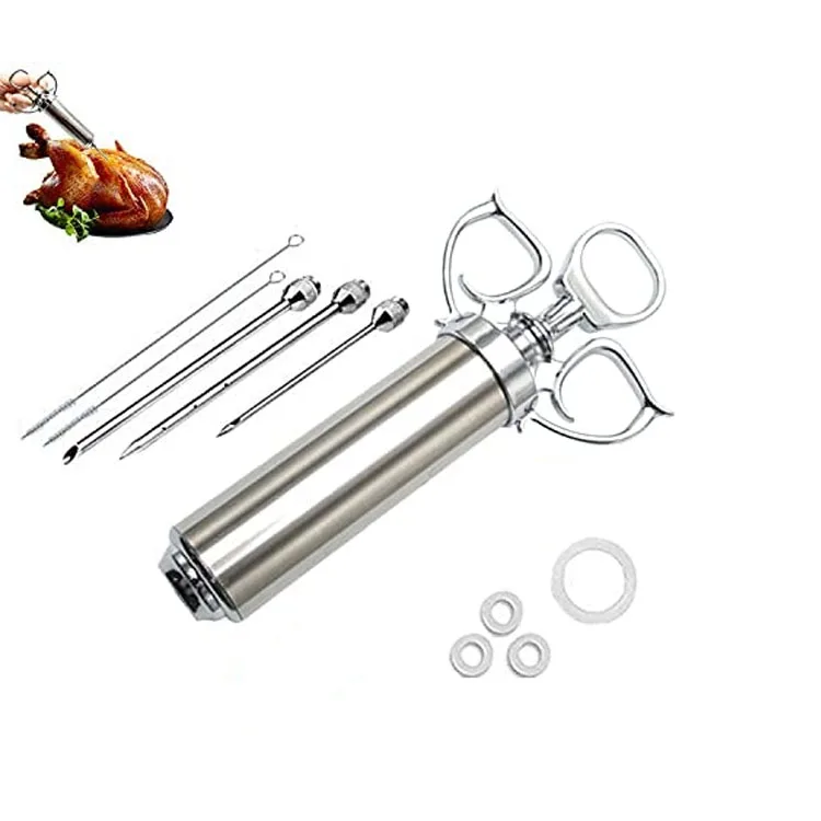 

2OZ Professional Heavy Duty 304 Stainless Steel Meat Injector Syringe With 3 Marinade Needles, Silver