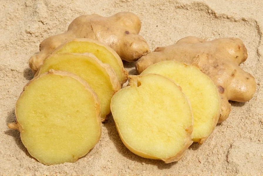 Close-up photograph of sand ginger rhizomes showing dark brown exterior and deep purple interior cut open, with heart-shaped leaves in background