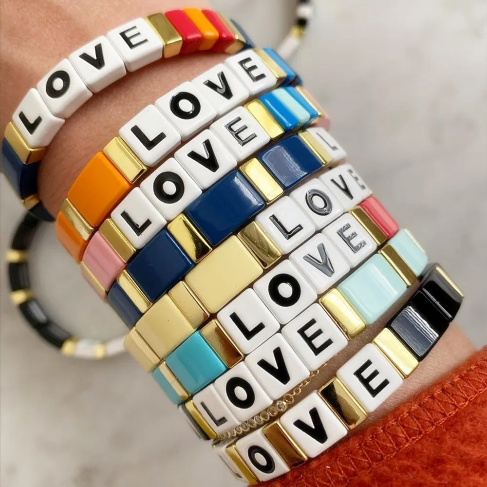 

Hot Selling Bohemia Jewelry Multi Color Enamel Bracelet Tile Letter Bracelet DIY Beaded Bracelets, Multicolors