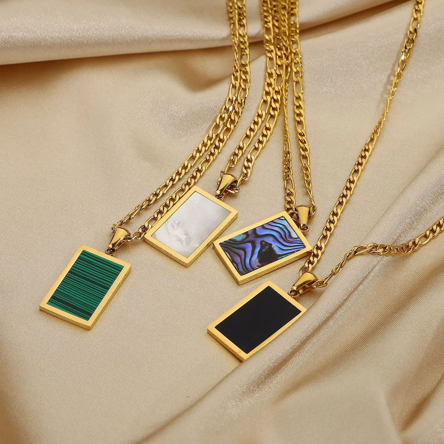 

Wholesale 18K Gold Plated Stainless Steel Rectangle Abalone Malachite Onyx Turquoise Shell Pendant Necklace YF2279