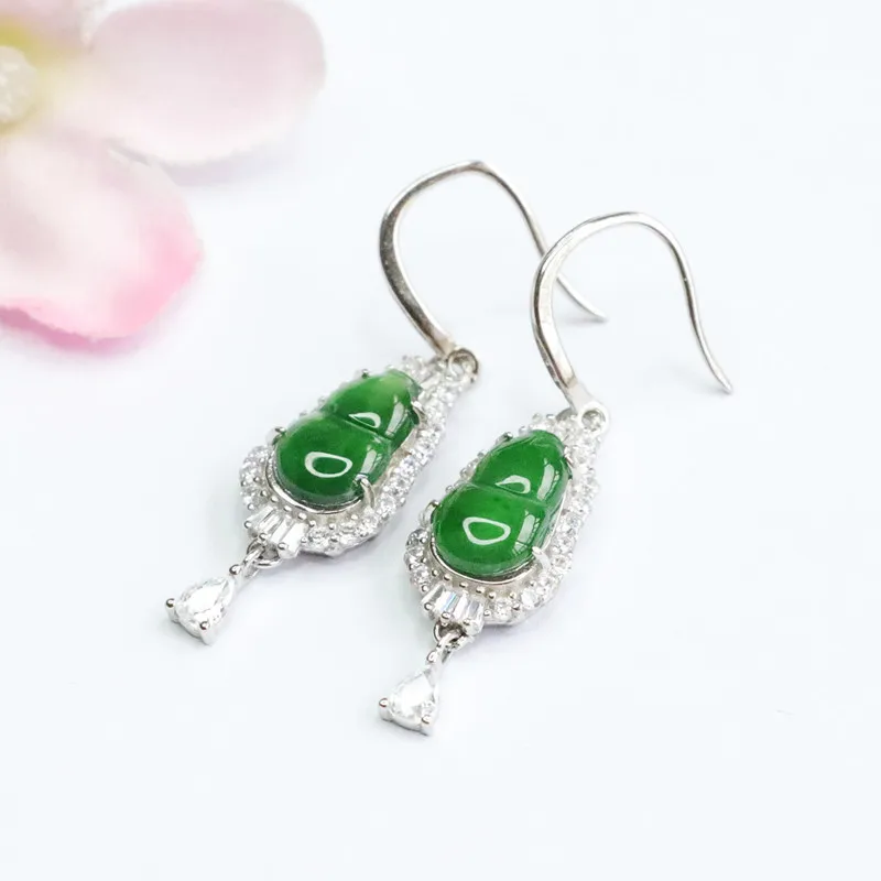 

S925 Silver Inlay Natural Emerald Ice-Like Emperor Green Gourd Ear Hook Studs Live Broadcast 2051215