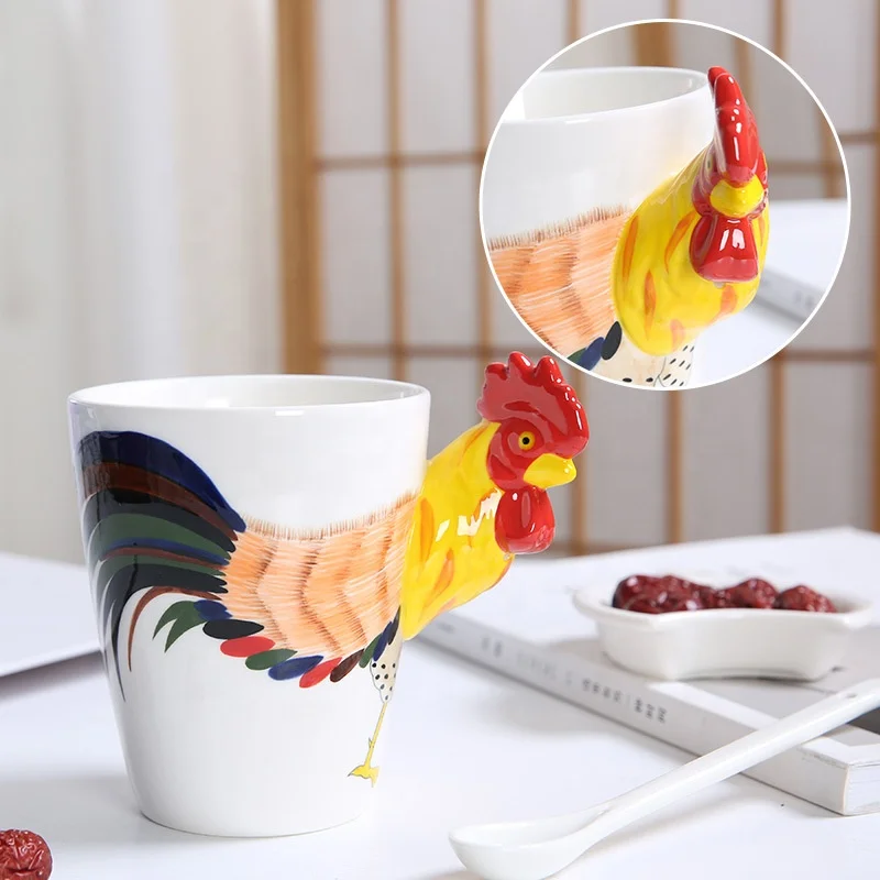 

Customer design custom logo 3D animal cock pattern ceramic porcelain tableware cup with no handle